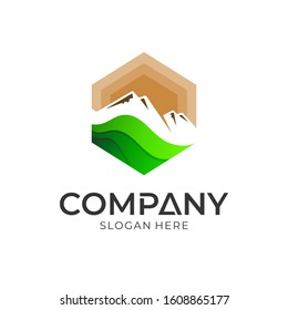 Mountain landscape logo design in hexagon shape, nature park/outdoor logo
