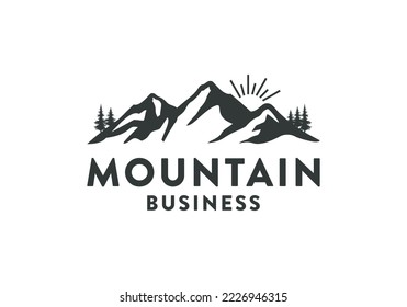 Mountain landscape logo design template, hills peak silhouette for outdoor travel adventure