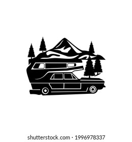 Mountain Landscape Logo Design Vector, Rocky Ice Top Mount Peak car van travel Silhouette