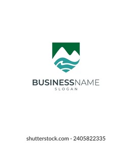 mountain landscape logo design with water elements in flat vector shield shape
