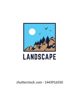 Mountain landscape logo inside square frame with hill, pine, sun and bird illustration