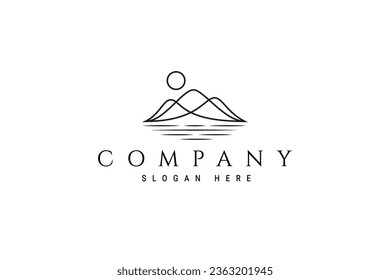 mountain landscape logo with a lake below in sunlight in line art design style