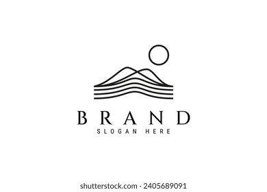 logo de paisaje montañoso con un lago bajo la luz del sol en un estilo de diseño lineal