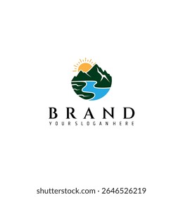 mountain landscape logo with river flow in flat design style