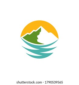 Mountain landscape logo. Mountain with river and sun flat logo template