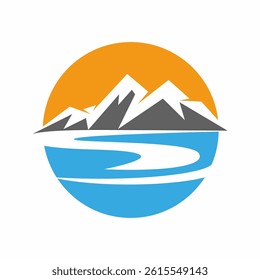 Mountain Landscape Logo with River and Sunset