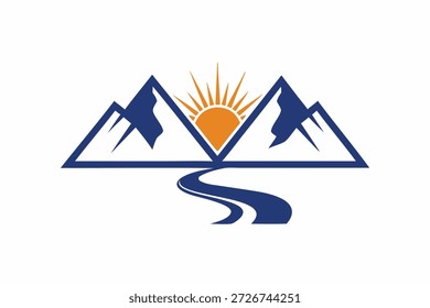 Logotipo del paisaje de la montaña con el sol y el río sinuoso en colores azules y naranjas