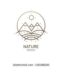 Mountain landscape logo template with fields, lake, sun. Round linear icon in linear style. Vector simple emblem, badge for a travel, alternative medicine, ecology concept, spa, health, yoga Center