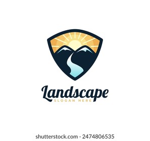 Plantilla de logotipo de paisaje de montaña con ilustración de sol y riachuelo