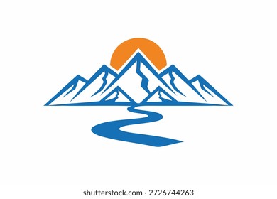 Mountain landscape logo template with sun and river vector illustration