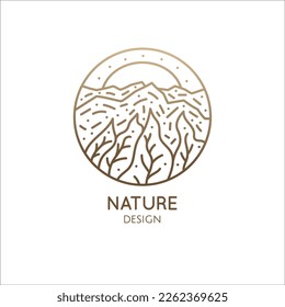 Mountain landscape logo. Vector linear round icon of nature with a sun, trees. Minimal logotype for business emblems, badge for a travel, tourism and ecology concepts, health and yoga Center.