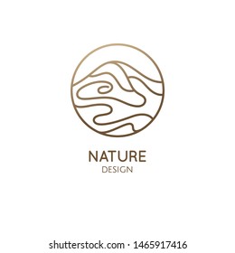 Mountain Landscape Logo With Water. Abstract Wavy Lines Icon. Vector Linear Illustration. Minimal Simple Emblem For Business Emblem, Badge For A Travel, Tourism, Ecology Concept, Health, Massage, Yoga