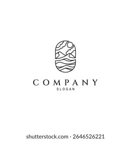 mountain landscape logo with water waves and sun in line art design style