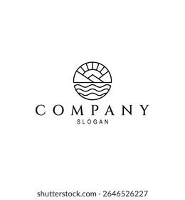 Logotipo del paisaje de la montaña con las olas y los rayos del sol en el marco del círculo del arte de la línea