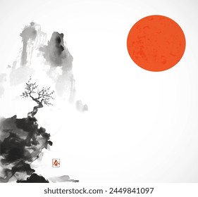 Mountain landscape with a lone blooming tree on the edge of a cliff and big red sun. Traditional oriental ink painting sumi-e, u-sin, go- hua. Hieroglyph - faith.