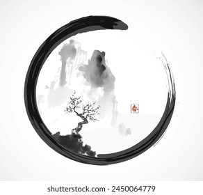 Mountain landscape with a lone blooming tree on the edge of a cliff in black enso zen circle. Traditional oriental ink painting sumi-e, u-sin, go- hua. Hieroglyph - faith.