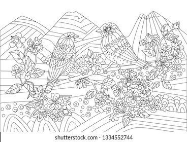 mountain landscape with lovely birds on branch of flowering cherry for your coloring book