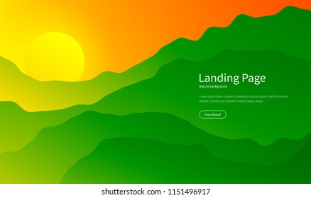 Mountain landscape. Majestic mountains background. Panorama view. Summer sunset in the hills. Hiking tourism. Green forest. Landing page concept. Vector