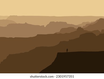 Mountain landscape with man on cliff edge. Vector illustration in flat style.