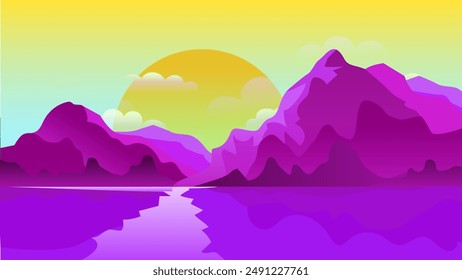 Mountain landscape. Marine natural landscape. Sunrise over scenic design. Relief of mountains with a body of water. Vector illustration.