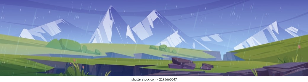 Paisaje montañoso con prados y abismos en la lluvia. Panorama de verano con rocas blancas en el horizonte, hierba verde y grietas de tierra después del terremoto en tiempo lluvioso, ilustración vectorial de dibujos animados