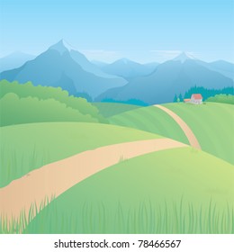 Mountain landscape with meadows, forests and a cottage.