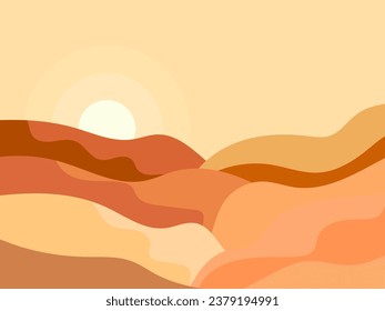 Mountain landscape in a minimalist style, rocks and canyons. Wavy landscape with the sun on the horizon. Boho decor for print, poster and interior design. Modern mid-century decor. Vector illustration