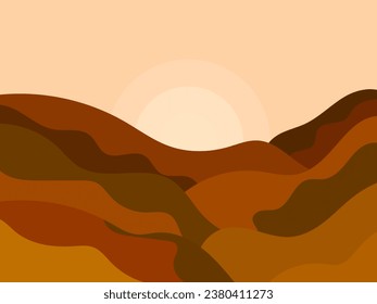 Mountain landscape in a minimalist style, rocks and canyons. Wavy landscape with the sun on the horizon. Boho decor for print, poster and interior design. Modern mid-century decor. Vector illustration