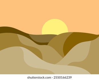 Mountain landscape in a minimalist style, rocks and canyons. Wavy landscape with the sun on the horizon. Boho decor for print, poster and interior design. Modern mid-century decor. Vector illustration