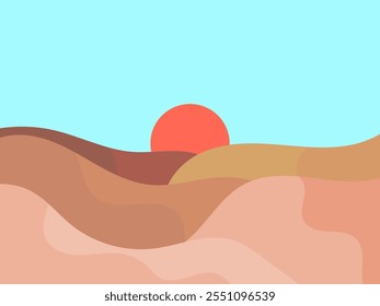 Mountain landscape in a minimalist style, rocks and canyons. Wavy landscape with the sun on the horizon. Boho decor for print, poster and interior design. Modern mid-century decor. Vector illustration