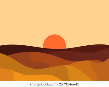 Mountain landscape in a minimalist style, rocks and canyons. Wavy landscape with the sun on the horizon. Boho decor for print, poster and interior design. Modern mid-century decor. Vector illustration