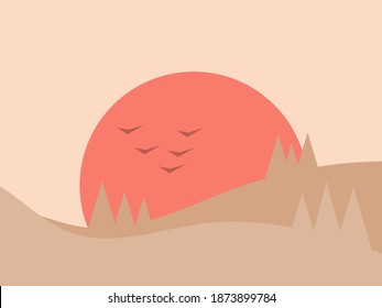 Mountain landscape in a minimalistic style. Sunrise and sunset, red sun. Boho decor for prints, posters and interior design. Mid Century modern decor. Trend style. Vector illustration