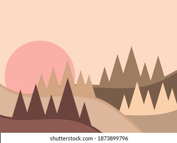 Mountain landscape in a minimalistic style. Sunrise and sunset, red sun. Boho decor for prints, posters and interior design. Mid Century modern decor. Trend style. Vector illustration