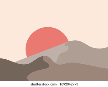 Mountain landscape in a minimalistic style. Sunrise and sunset, red sun. Boho decor for prints, posters and interior design. Mid Century modern decor. Trend style. Vector illustration