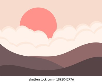 Mountain landscape in a minimalistic style. Sunrise and sunset, red sun. Boho decor for prints, posters and interior design. Mid Century modern decor. Trend style. Vector illustration
