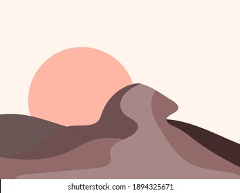 Mountain landscape in a minimalistic style. Sunrise and sunset, red sun. Boho decor for prints, posters and interior design. Mid Century modern decor. Trend style. Vector illustration