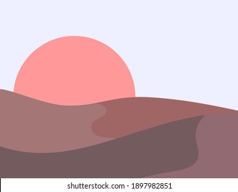 Mountain landscape in a minimalistic style. Sunrise and sunset, red sun. Boho decor for prints, posters and interior design. Mid Century modern decor. Trend style. Vector illustration