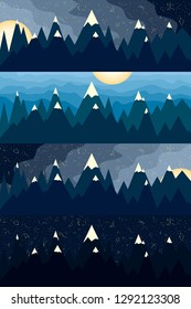Mountain Landscape at Miscellaneous Time of Day. Sunrise, Sunset and Starry Sky. Vector Illustration