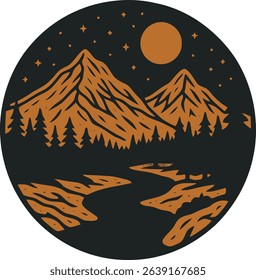 mountain landscape with moon stars forest and river in circular retro style illustration