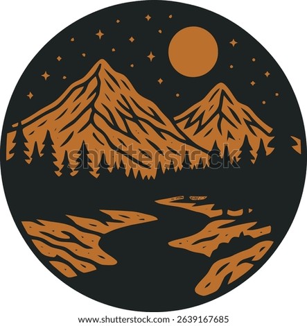 mountain landscape with moon stars forest and river in circular retro style illustration