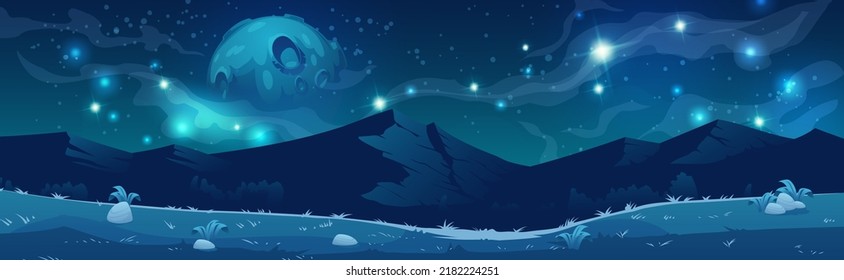 Mountain landscape with moon, stars and milky way in sky at night. Vector cartoon illustration of beautiful universe panorama in dark sky with shiny stars and planets