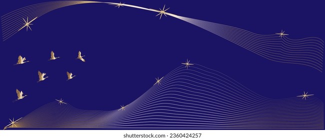 Mountain landscape in the moonlight with flying birds on the sky background.Banner in Asian style.Vector illustration.