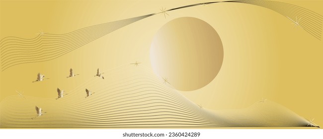 Mountain landscape in the moonlight with flying birds on the sky background.Banner in Asian style.Vector illustration.