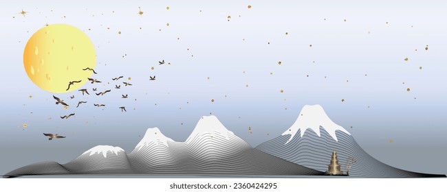 Mountain landscape in the moonlight with flying birds on the sky background.Banner in Asian style.Vector illustration.