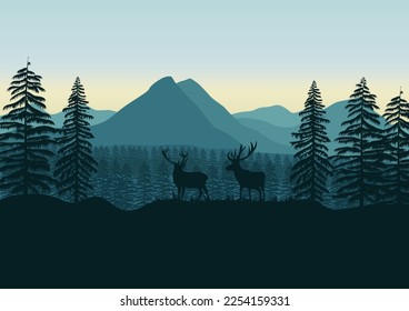 Mountain landscape with moose in the pine forest. Vector illustration.