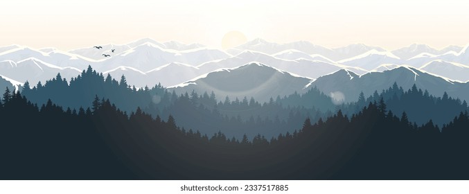 Paisaje montañoso por la mañana y por la noche. Ilustración vectorial de montañas y bosques de pino, mostrando el sol en la mañana.