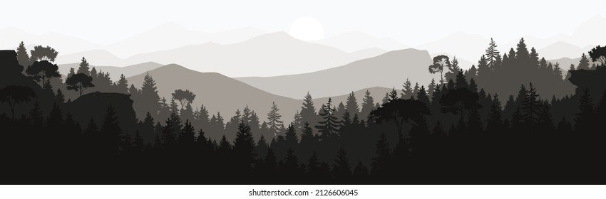 mountain landscape in the morning mountain and pine forest vector illustration