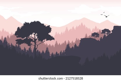 paisaje montañoso en la mañana de la montaña y el bosque de pinos ilustración vectorial