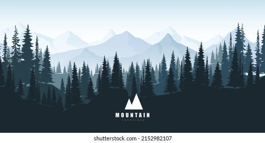 Mountain landscape in the morning. Pine trees and mountain silhouettes. Nature background, vector.