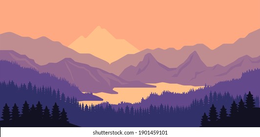 Paisaje de montaña por la mañana. Vistas a la montaña y al río. Ilustración vectorial en estilo plano